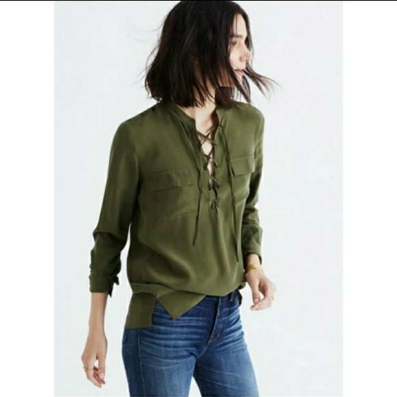 Madewell Tops - Madewell xs olive green silk Monroe top blouse
